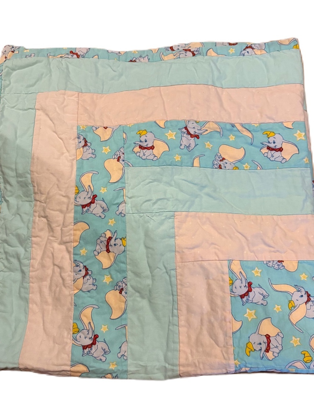 Vintage Dumbo Quilted Baby Blanket Blue White Handmade Disney